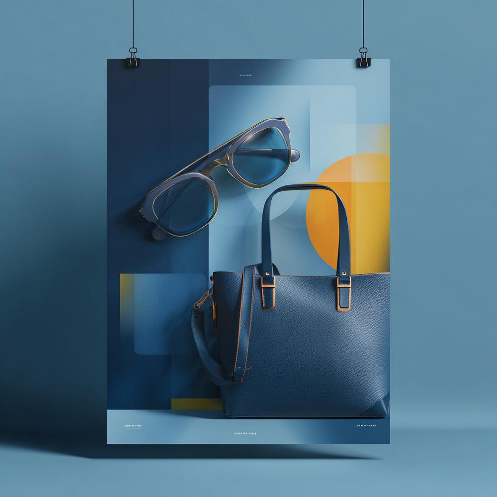 Product campaign poster with handbag and sunglasses